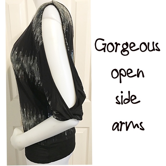 Bebe, V Neckline, Cold Shoulder, Sequins Black Top - Picture 3 of 10